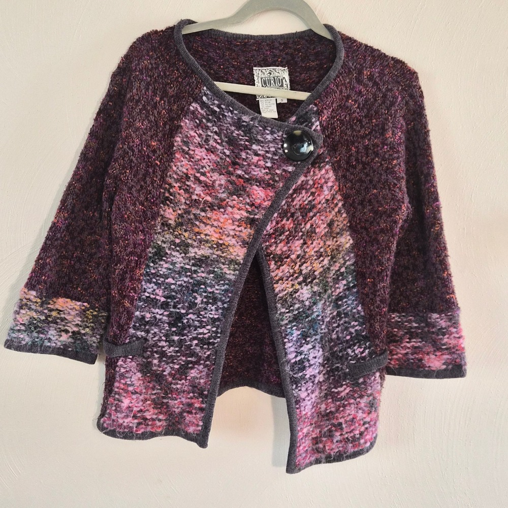 VTG Curio Mohair Blend Chunky Knit Cardigan Sweater Women S Plum Marled Boho